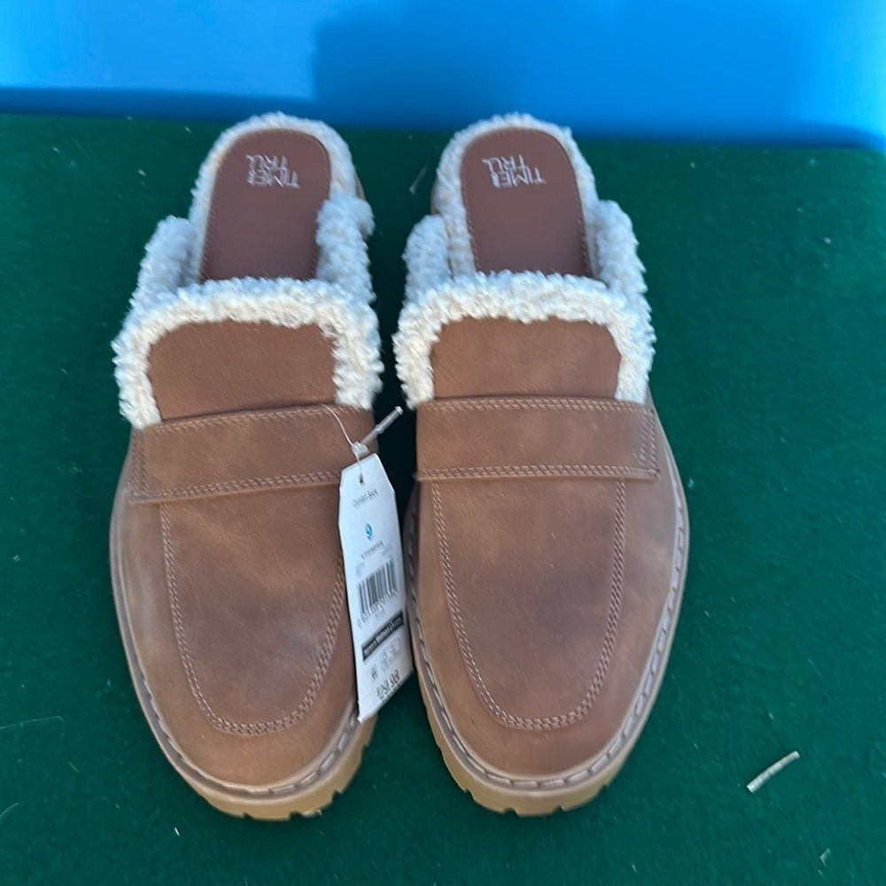 Time & Tru Women's Size 9 Tan Faux Fur Mules Slip On Backless Shoes